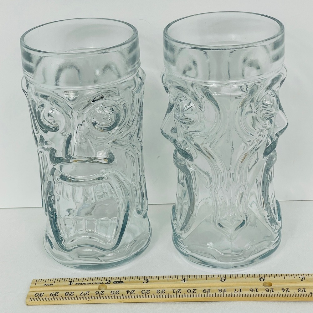 Anchor Hocking Tiki Mug Set of 2 Clear Glass Molded Face 16oz Tropical Excellent - Picture 4 of 10